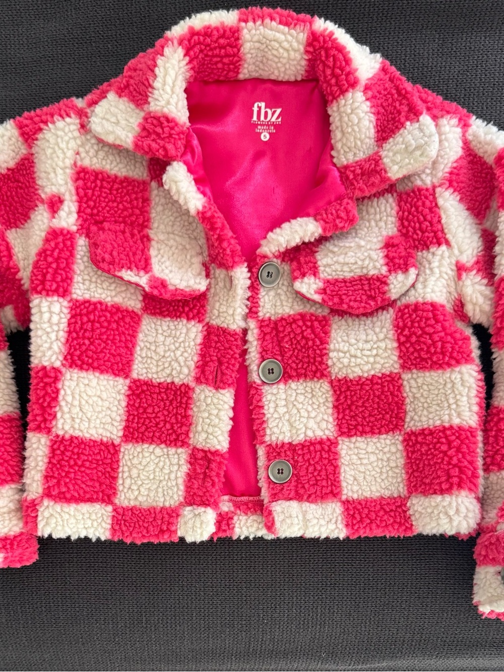 Checkerboard Sherpa Button-Up Crop Jacket in Pink & White